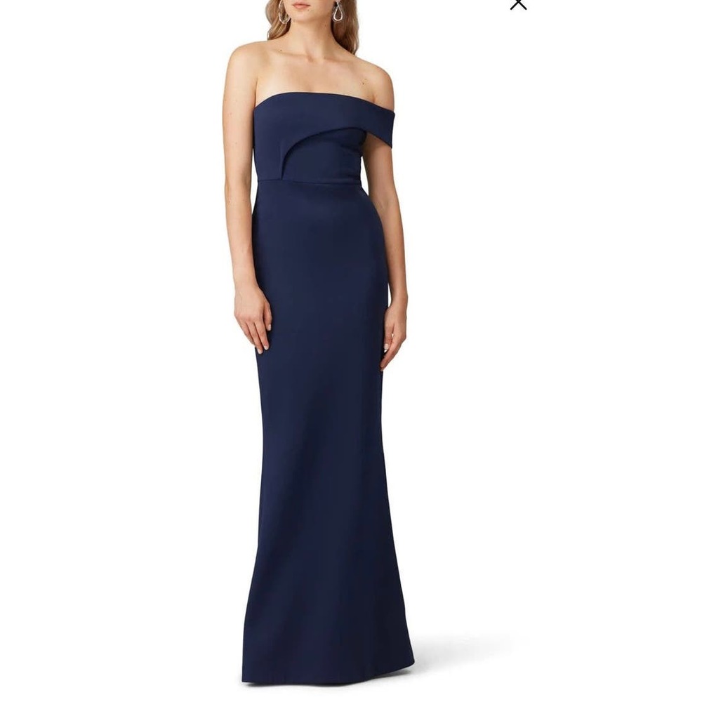 Black Halo Eve Navy Molten Off Shoulder Gown